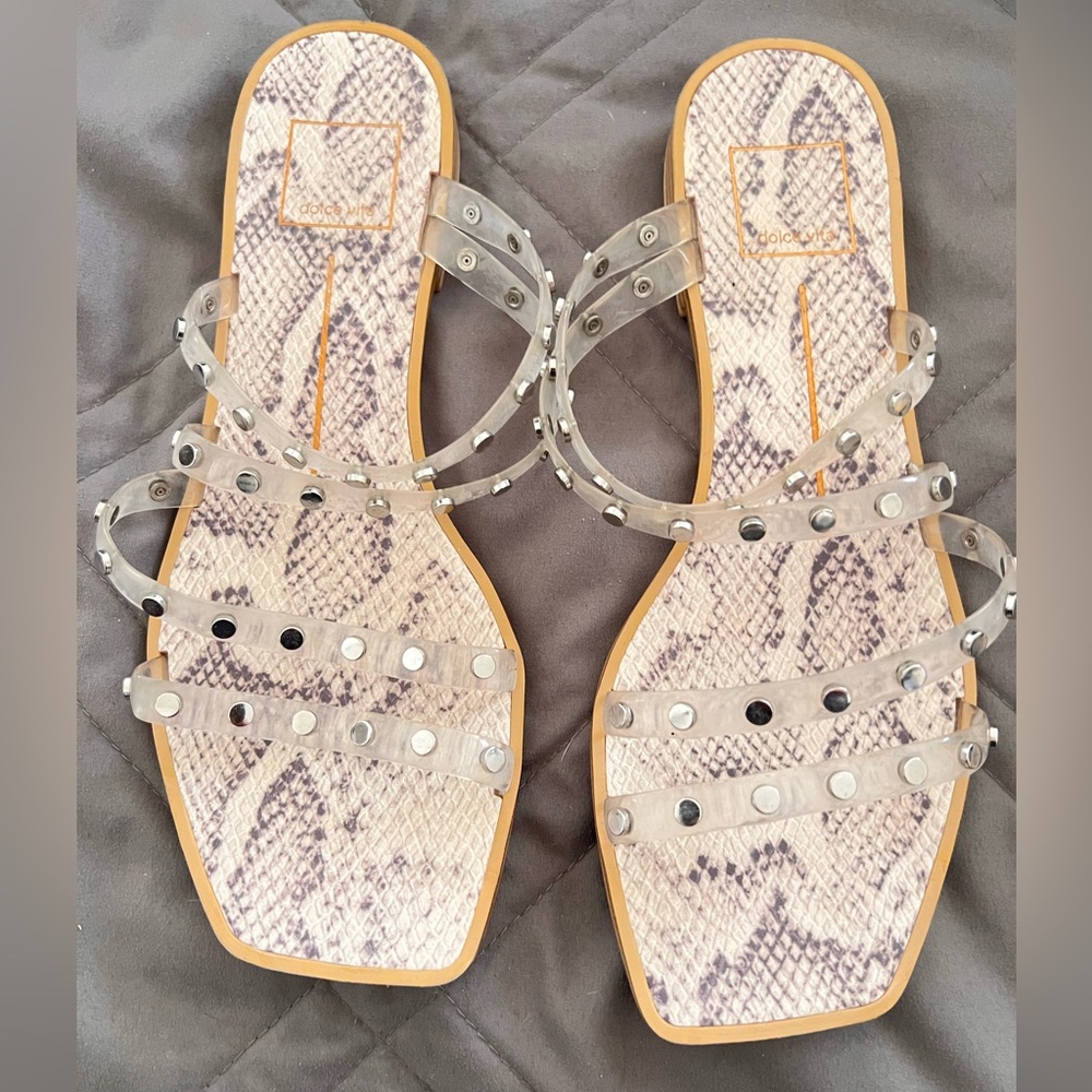 Dolce Vita Cream and Gray Sandals with Woven Straps